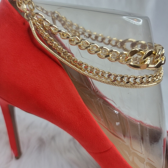 INC red suede pointed toe stiletto heels gold ankle bracelet. - Picture 7 of 11